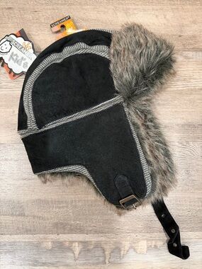 Black Faux Fur Trapper Hat with Trim